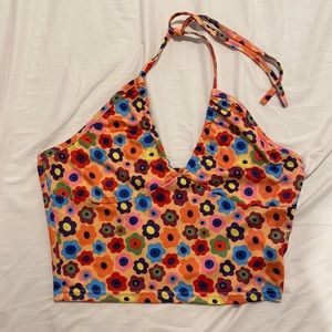 70’s inspired Trendy Cross Tie Crop Top with Multi-Colored Flowers